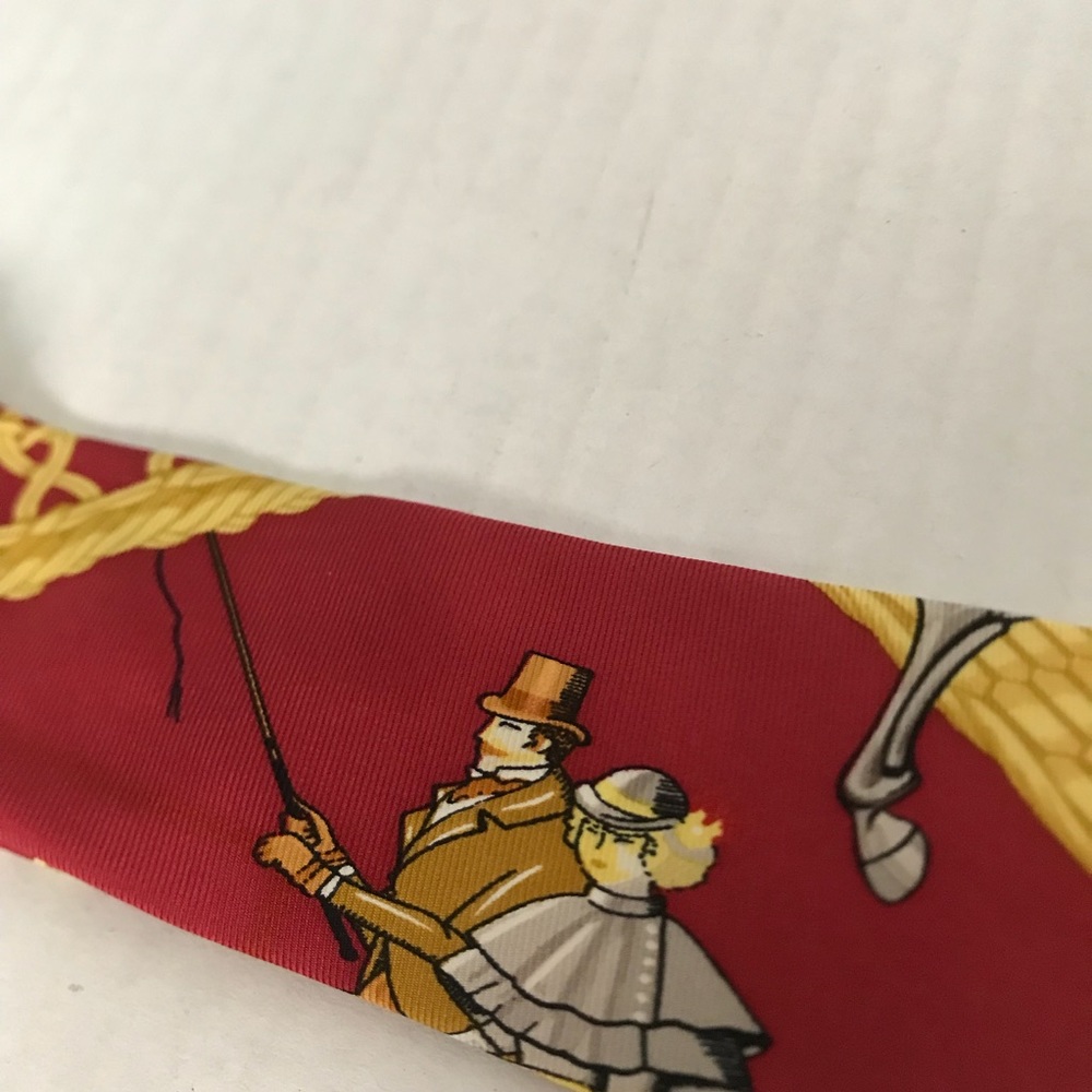 HERMÈS Tie Rare Silk Horse Carriage People Bicycle Chain Red Yellow - Picture 13 of 16